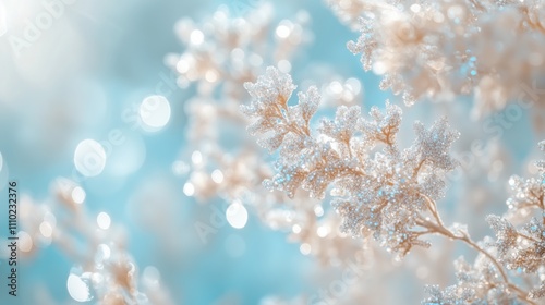 A tranquil scene with glittered snowflakes gently resting on a light blue background, perfect for capturing winter's charm.