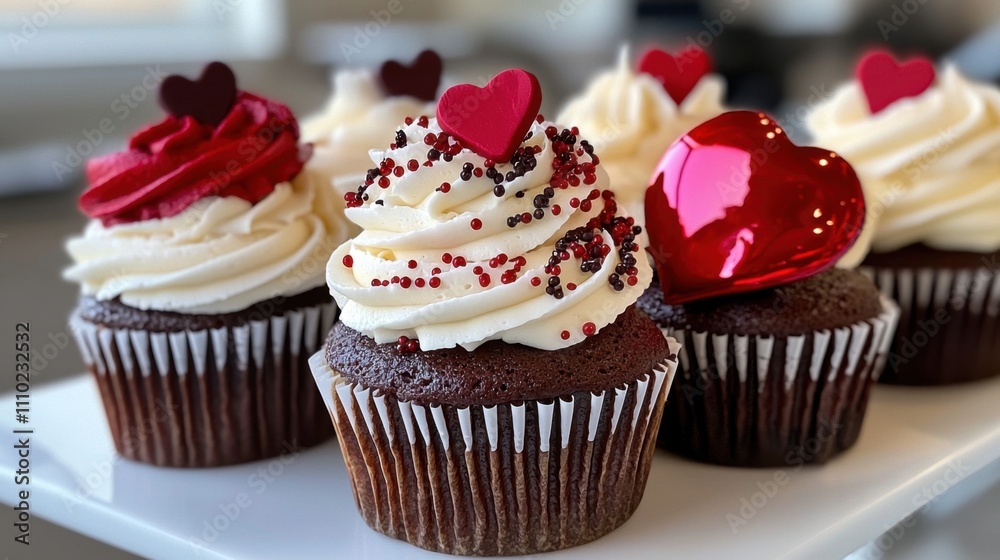 A row of cupcakes with red hearts on top A row of cupcakes with red hearts on top