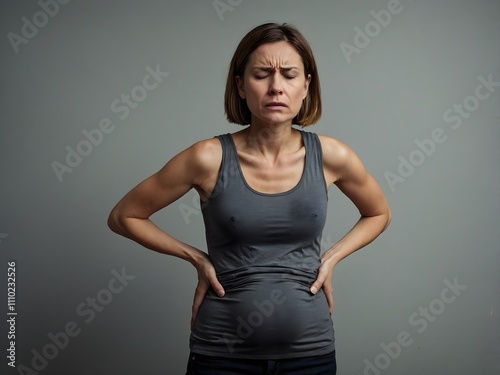 a woman is holding her stomach because she is in pain photo