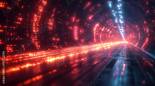 Digital tunnel with vibrant lights creating a futuristic atmosphere at an unknown time. Generative AI