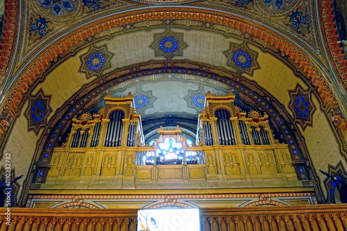 Organ, made by Carl Leopold Wegenstein in 1899 and installed above the entrance to the Cetate Synagogue in Timisoara, Romania. Beautiful interior with organ in Jewish style. photo