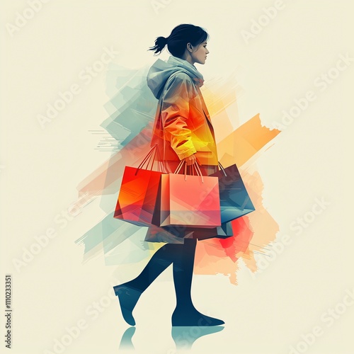 Woman walking with shopping bags in vibrant flat vector illustration