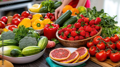 A vibrant display of fresh fruits and vegetables arranged on a table, showcasing a variety of colors and textures in a healthy, appetizing setup.