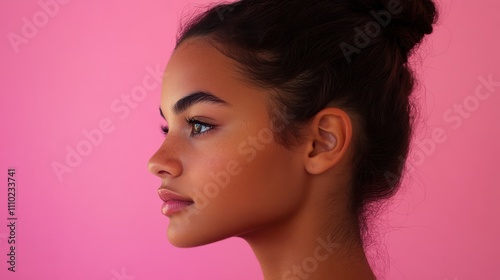 Side profile of a young woman with a bun and clear skin against a pink background. Ideal for beauty and skincare ads.