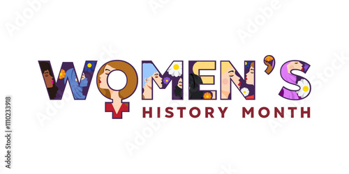 Women's History Month. Text and women in it. Great for cards, banners, posters, social media and more. White background.