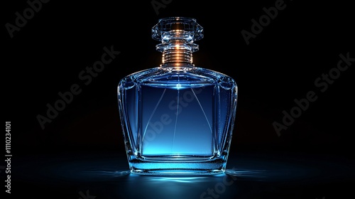 Sleek perfume bottle illuminated with a vibrant blue glow on a dark background