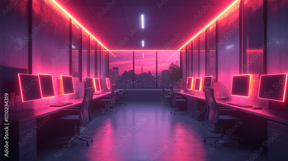 High-tech workspace with neon lighting and city view at dusk showcasing modern design and technology. Generative AI High-tech workspace with neon lighting and city view at dusk showcasing modern design and technology. Generative AI