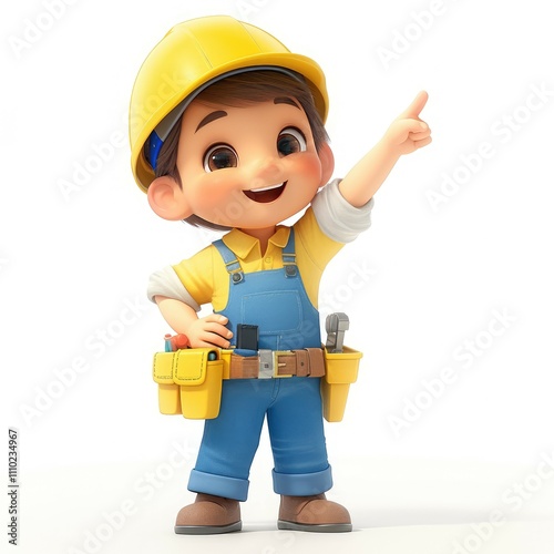 Cute cartoon boy construction worker pointing.