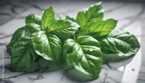 Hojas de albahaca verde fresca sobre un fondo de mármol