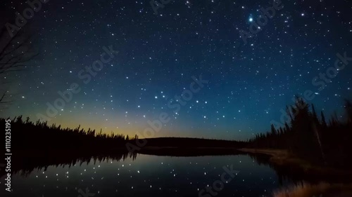 A time lapse The night sky spinning above a reflective lake