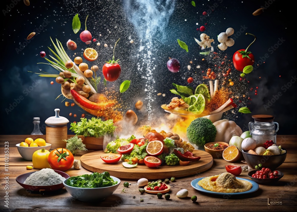 Fototapeta premium Captivating Food Photography Showcase: Realistic Explosions and Blasts with Luma Channel Visual Effects Elements for Culinary Artistry and Presentation