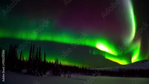 realristic Northern lights shifting over a snowy landscape