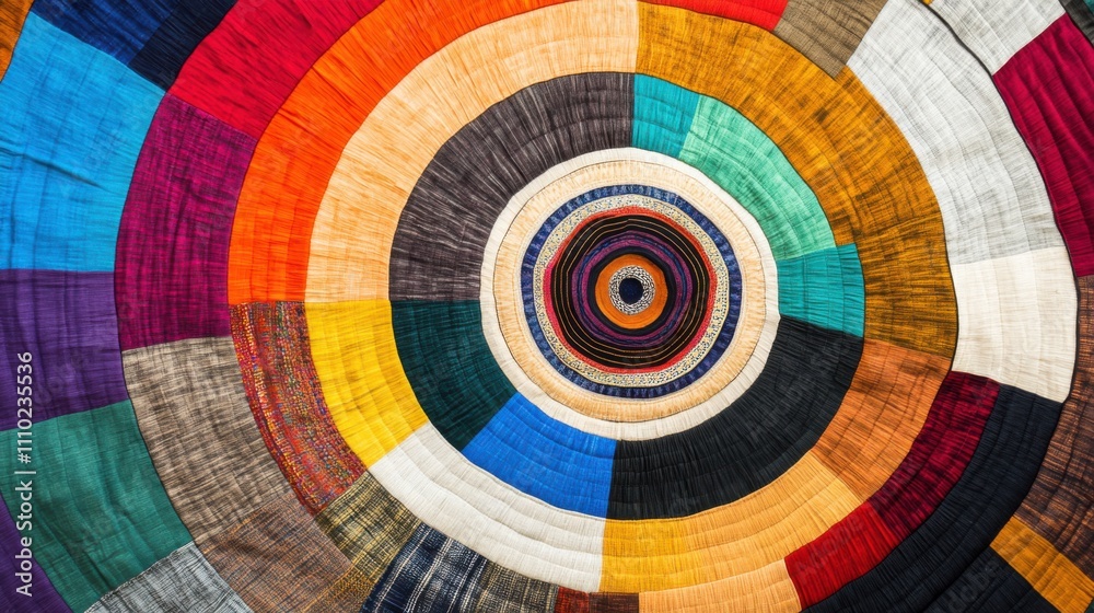 An abstract representation of multicultural unity with a vibrant circular pattern made from pieces of traditional textiles from around the world, symbolizing cultural connection