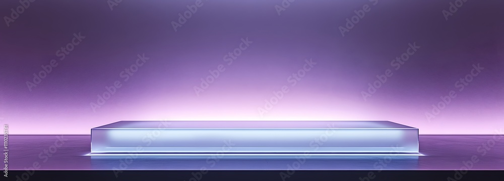 Sleek glass podium illuminated softly, with a pastel purple backdrop and plenty of space around it for product showcasing. Sleek glass podium illuminated softly, with a pastel purple backdrop and plenty of space around it for product showcasing.