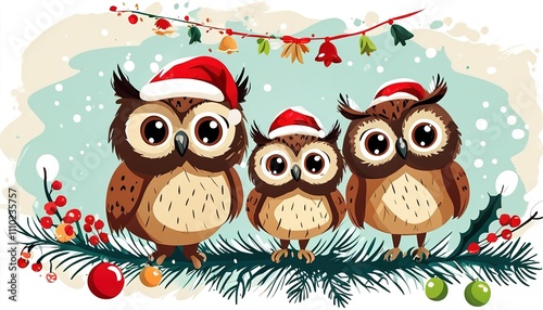 Cute christmas owl family nestled together spreading holiday cheer in a whimsical snowy setting full of festive charm and joy