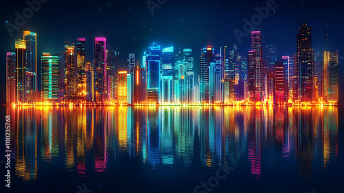 digital and modern building with neon light effects background, modern stylist digital light building with shiny neon light effect, abstract ultra modern light effect of cityscape with buildings.