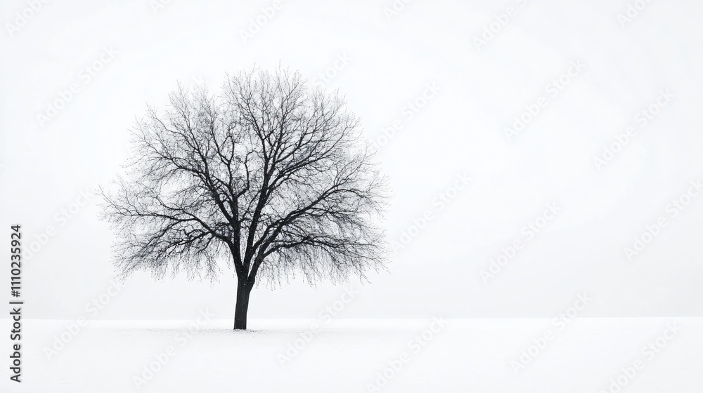 Lonely tree stands against white background in serene winter landscape Lonely tree stands against white background in serene winter landscape