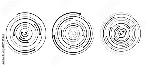 Circular spiral rhythm of sound wave in form of lines and dots. Dynamic spiral linear transition.