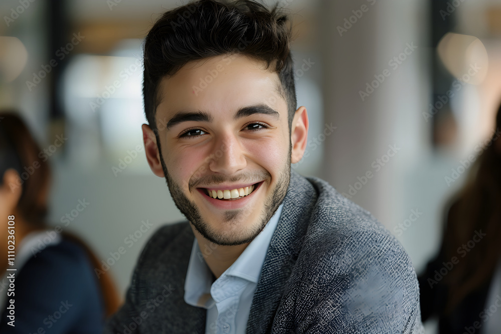 Obraz premium Young professional with a bright smile engages in a collaborative work environment at a modern office setting during the day