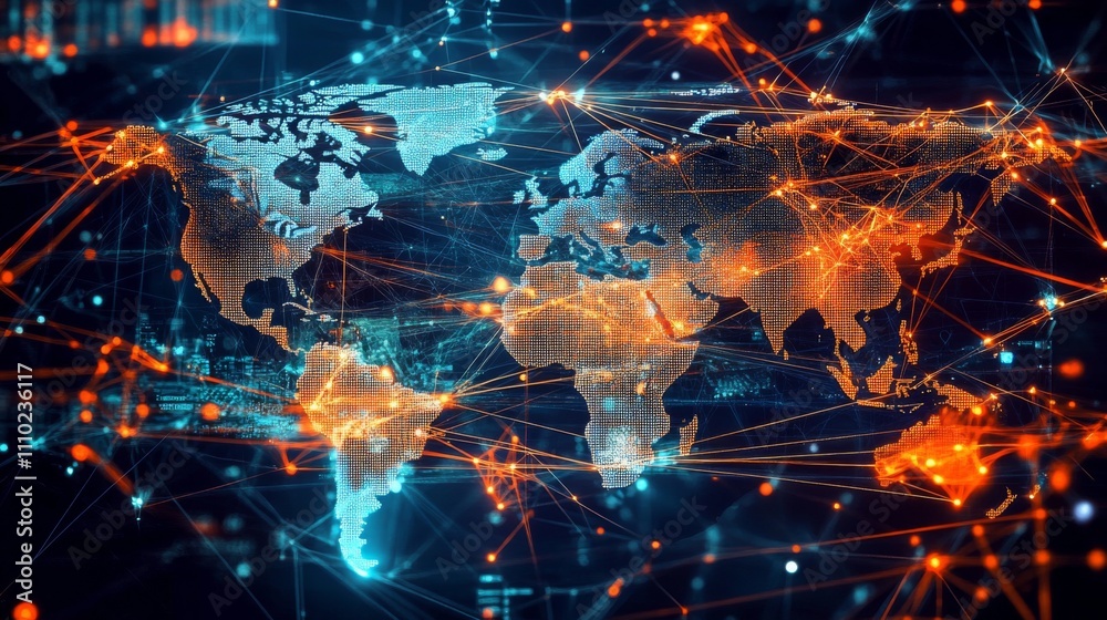 Obraz premium Digital world map dark blue background made up impact of technologies