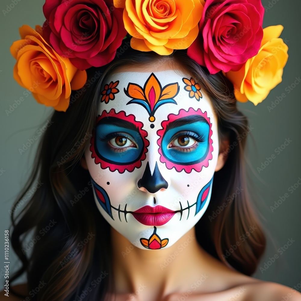 Day of the Dead Face Paint with Vibrant Colors and Bold Floral Details. Day of the Dead Face Paint with Vibrant Colors and Bold Floral Details.