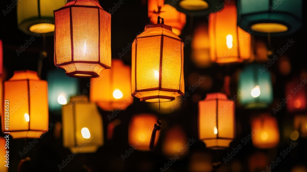 An abstract scene of multi-colored lanterns floating together to create a unified, radiant glow against a dark background An abstract scene of multi-colored lanterns floating together to create a unified, radiant glow against a dark background