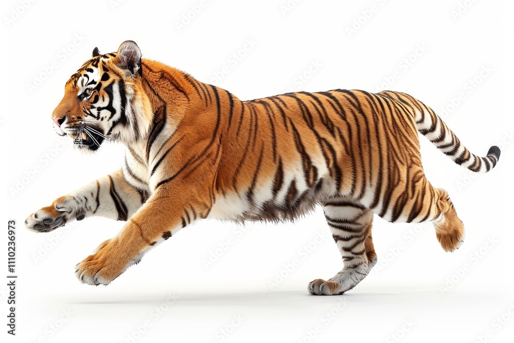 Obraz premium A majestic tiger leaping gracefully against a crisp white backdrop in stunning isolation