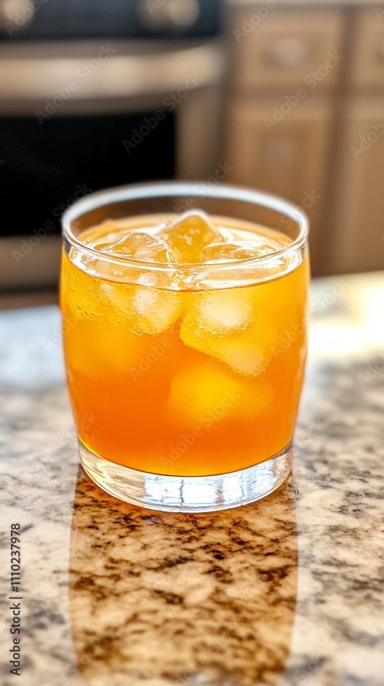 A refreshing orange drink with ice served in a glass on a granite countertop. A refreshing orange drink with ice served in a glass on a granite countertop.