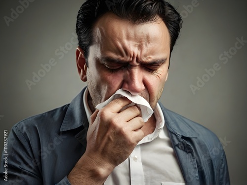 A man is coughing while emitting smoke from his mouth and nose due to smoking too much