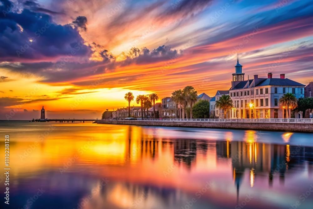 Obraz premium Captivating Long Exposure of a Charleston Sunset Over Historic Waterfront with Vibrant Colors and Tranquil Reflections on Water, Creating a Serene Atmosphere for Nature Lovers