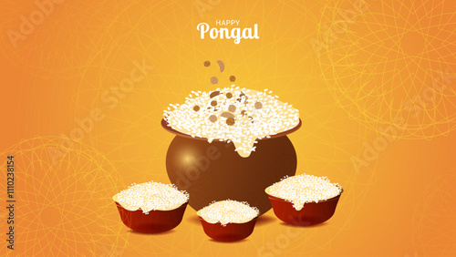 Happy Pongal harvest festival in India celebrate background. Sweet Rice dish. Template for celebration postcard discount banner flyer. Vector illustration.