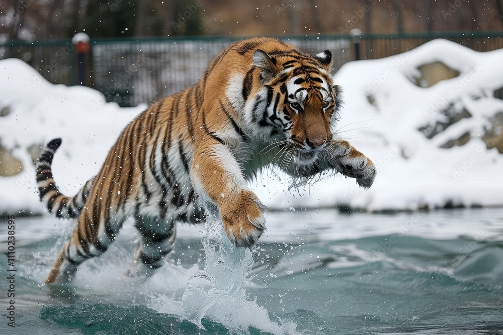 Obraz premium A striking image of a tiger leaping against a clean white background for dramatic effect