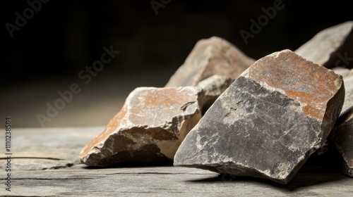 Close-up of ancient stone tools, sharp flint knives, and polished axes on a weathered wooden surface, symbolizing prehistoric craftsmanship and the dawn of human ingenuity. photo