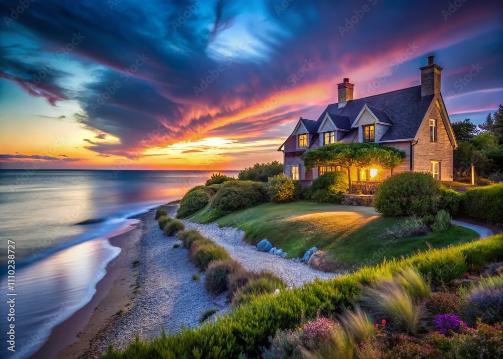 Naklejka premium Captivating Long Exposure of French Country Cape Cod Homes at Dusk with Soft Lighting and Tranquil Atmosphere, Showcasing Serene Coastal Living and Charming Architecture