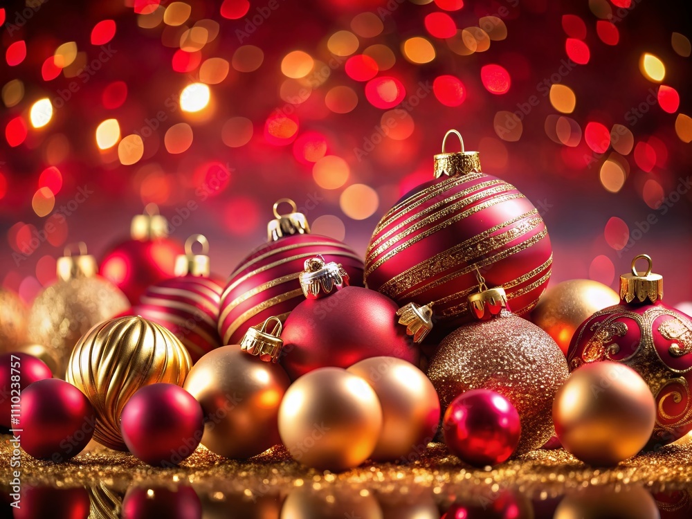 Captivating Long Exposure of Red and Gold Christmas Ornament Decorations on a Vibrant Red Background, Perfect for Holiday-Themed Projects and Festive Designs