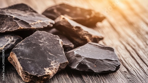 Close-up of ancient stone tools, sharp flint knives, and polished axes on a weathered wooden surface, symbolizing prehistoric craftsmanship and the dawn of human ingenuity. photo