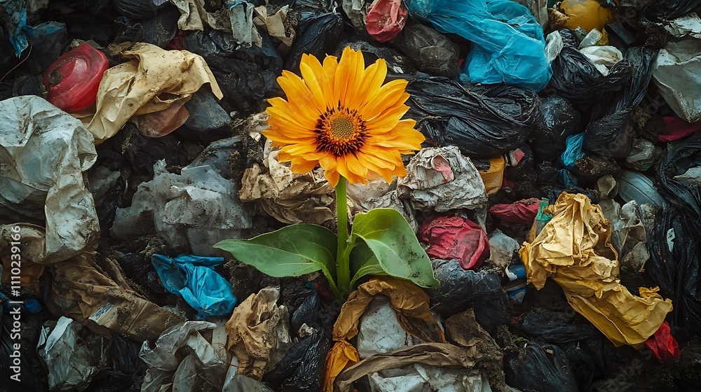 A vibrant sunflower bravely blooms amidst a pile of discarded trash and plastic waste, symbolizing resilience and environmental issues. A vibrant sunflower bravely blooms amidst a pile of discarded trash and plastic waste, symbolizing resilience and environmental issues.