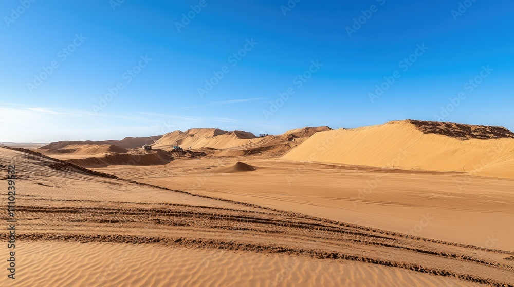 A vast sand quarry with towering sand dunes and excavation machinery under a clear blue sky, highlighting the industrial landscape A vast sand quarry with towering sand dunes and excavation machinery under a clear blue sky, highlighting the industrial landscape