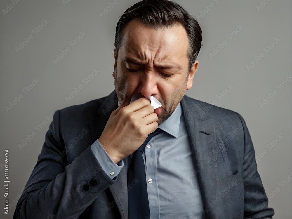 A man is coughing while emitting smoke from his mouth and nose due to smoking too much A man is coughing while emitting smoke from his mouth and nose due to smoking too much