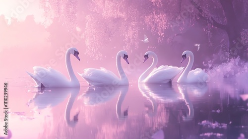 Serene swans gliding gracefully on a tranquil purple lake.