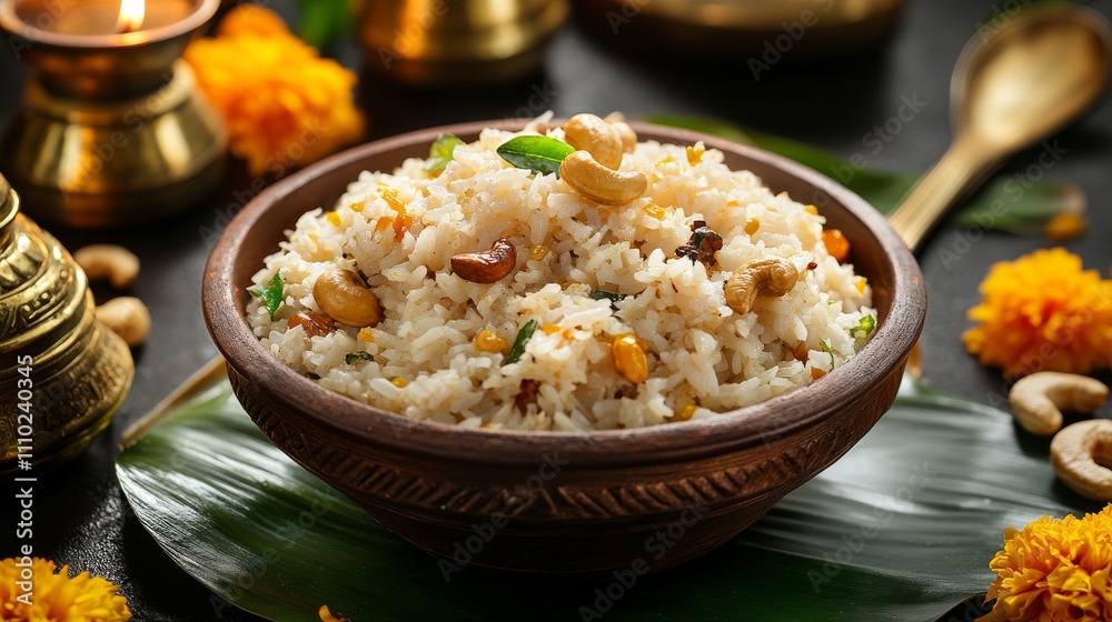 Bowl of Pongal rice with cashews and herbs, in rustic clay bowl, festive marigolds. Makar Sankranti Bowl of Pongal rice with cashews and herbs, in rustic clay bowl, festive marigolds. Makar Sankranti