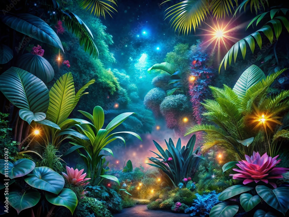 Obraz premium Captivating Low Light Photography of Subtropic Flora and Fauna, Showcasing the Mystique of Nighttime in Lush Tropical Environments and the Beauty of Nature's Palette