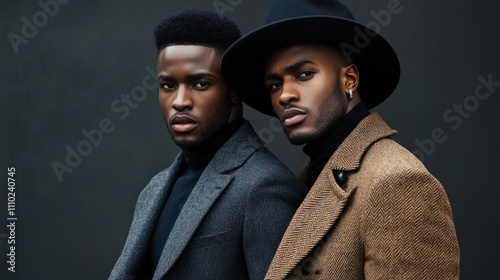 Two fashion black men. Fashionable portrait of african american male models. Wear suit, coat and hat. photo