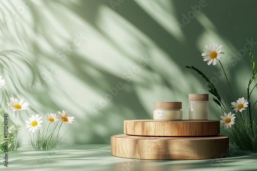 Wooden product display podium in green room with grass flowers and sunshine shadow background. Product presentation theme. Nature and Organic cosmetic and food concept. 3D illustration rendering  photo