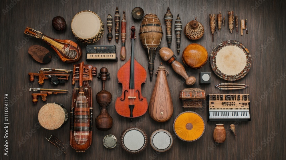 An artistic scene of diverse musical instruments arranged in a harmonious circle on a stage, Representing the collaborative power of different cultures in creating beautiful music, minimalist style An artistic scene of diverse musical instruments arranged in a harmonious circle on a stage, Representing the collaborative power of different cultures in creating beautiful music, minimalist style