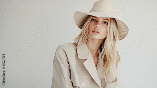 Urban street style Blonde Girl in white studio. Details of everyday look. Casual beige outfit and accessories. Bucket hat. Trendy Minimalist fashion