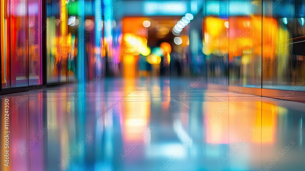 Blurred reflections of colorful window displays on a mall's glossy floors, creating an elegant abstract effect Blurred reflections of colorful window displays on a mall's glossy floors, creating an elegant abstract effect