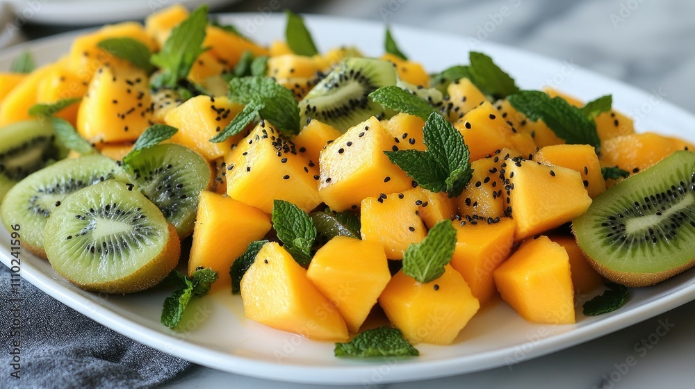 Close-up of a crisp, white plate filled with diced mangoes, cantaloupes, and kiwis, garnished with fresh mint sprigs Close-up of a crisp, white plate filled with diced mangoes, cantaloupes, and kiwis, garnished with fresh mint sprigs