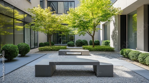 Modern Tranquil Courtyard with Greenery and Benches