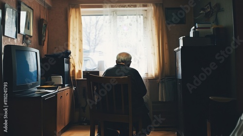 An elderly person alone in a small, cluttered apartment, showcasing the issue of elder loneliness and isolation